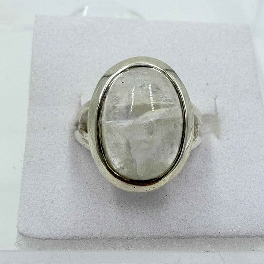 Sterling Silver Rainbow Moonstone Bezel Ring – Size 5 – Intuition, Emotional Balance & New Beginnings