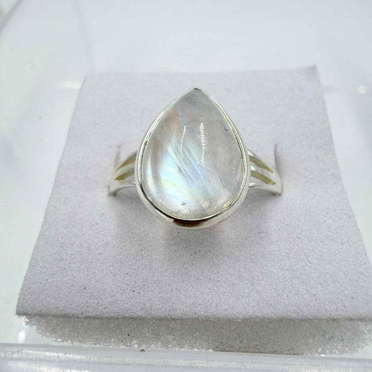 Sterling Silver Rainbow Moonstone Pear Bezel Ring – Size 10 – Intuition, Feminine Energy & New Beginnings