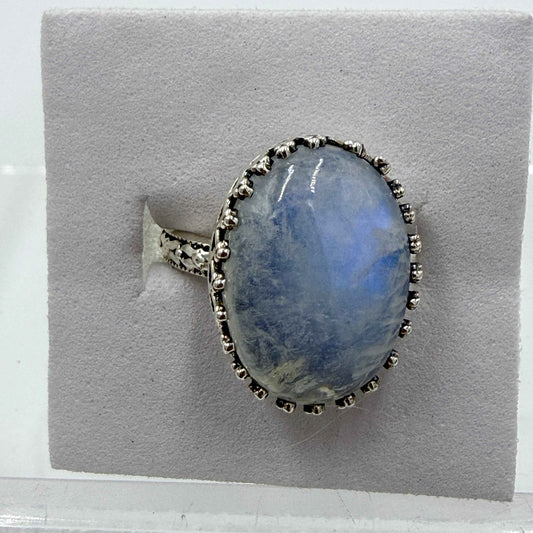 Sterling Silver Rainbow Moonstone Oval Beaded Ring – Size 6 – Intuition, Emotional Balance & New Beginnings