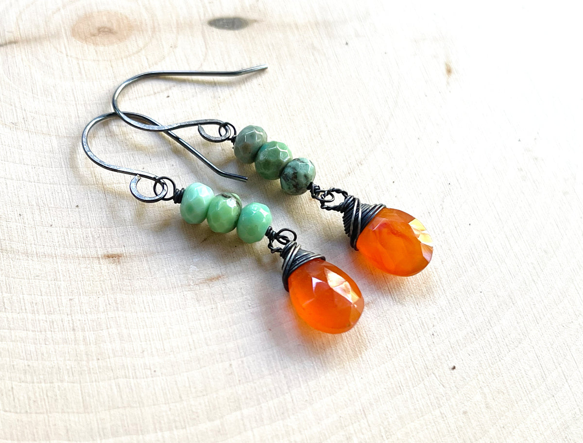 Carnelian & African Turquoise Earrings – Oxidized Sterling Silver