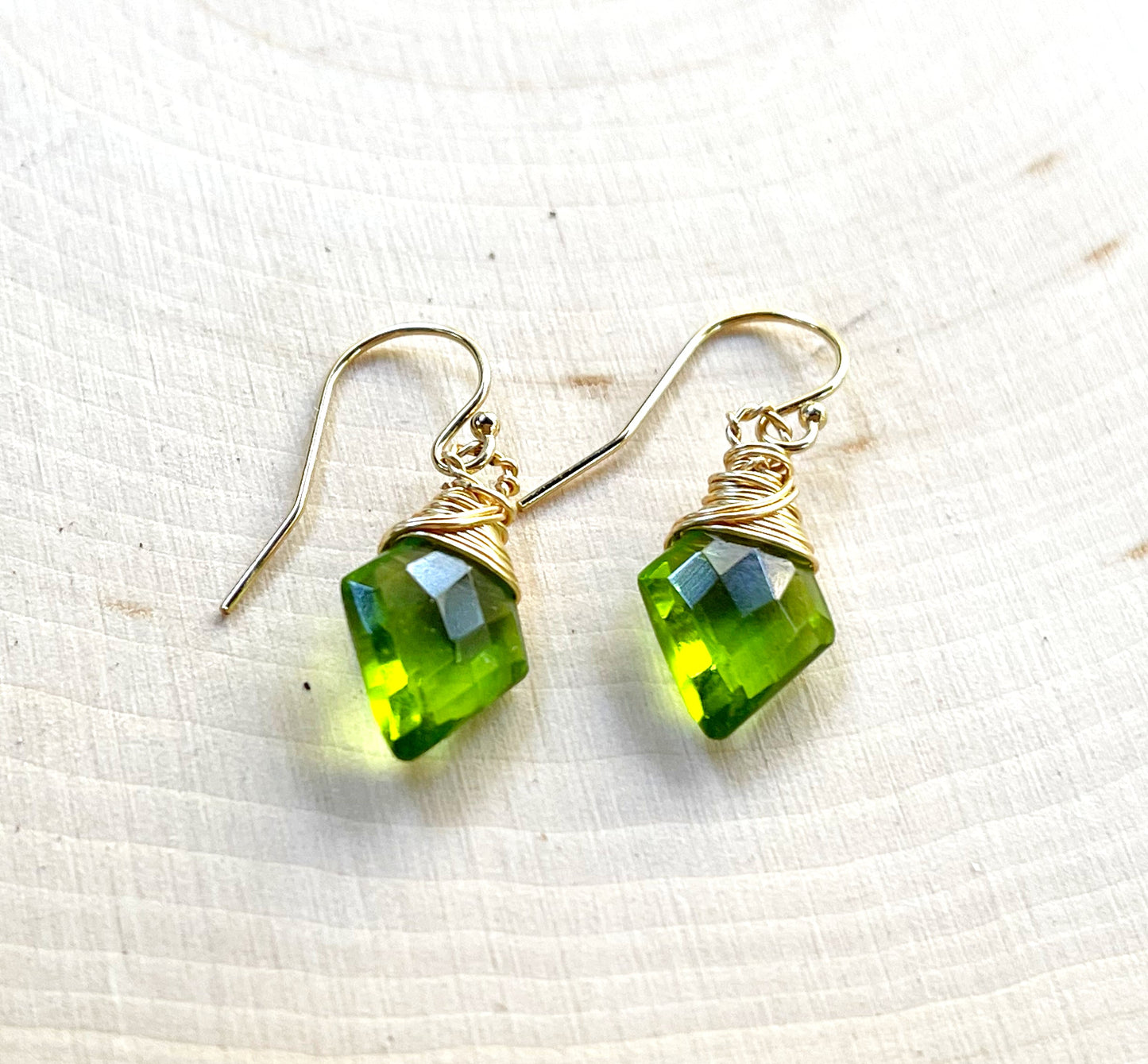 Peridot Gemstone Diamond Shape Briolette Earrings in 14k Gold Fill