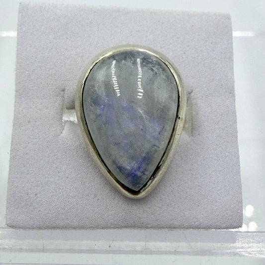 Sterling Silver Rainbow Moonstone Pear Ring – Size 6 – Intuition, Emotional Balance & New Beginnings