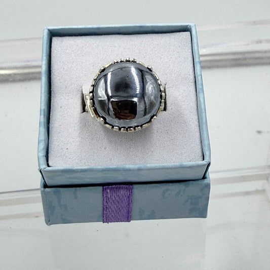 Sterling Silver Twist Banded Round Terahertz Ring - Size 6 - Healing, Energizing & Cleansing