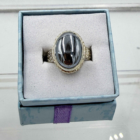 Sterling Silver Ornate Oval Terahertz Ring - Size 6 - Healing, Energizing & Cleansing