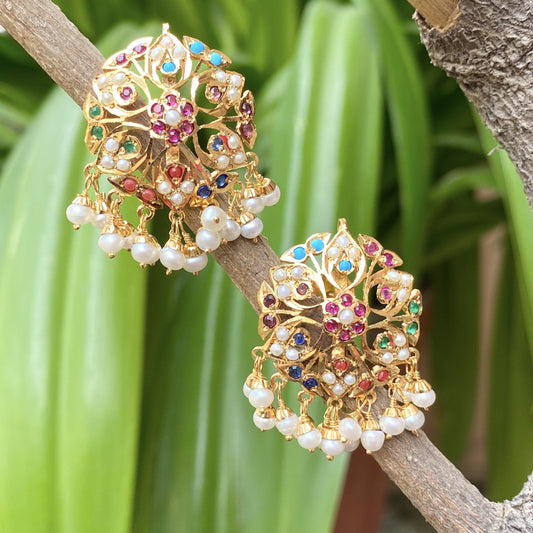 Navratan Jadau Studs in Gold Plated Sterling Silver ( SHIPS IN 5 WEEKS )