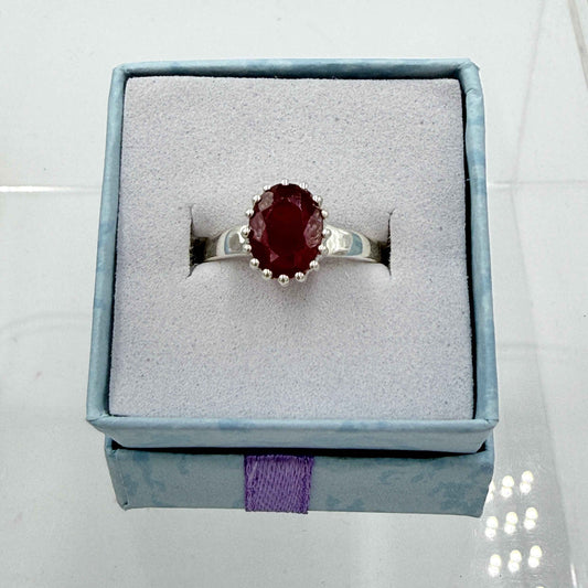 Sterling Silver Crown Faceted Oval Ruby Ring - Size 7 - Passionate, Vital & Empowering