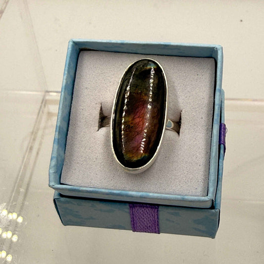 Sterling Silver Oval Spectrolite Ring - Size 10 -Intuition, Protection & Illumination