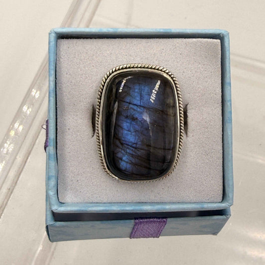 Sterling Silver  Bezeled Rectanglular Spectrolite Ring - Size 10 -Intuition, Protection & Illumination