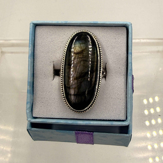 Sterling Silver Bezeled Oval Spectrolite Ring - Size 7 -Intuition, Protection & Illumination