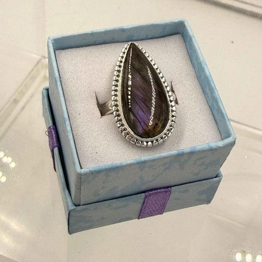 Sterling Silver Bezeled Teardrop Spectrolite Ring - Size 8 -Intuition, Protection & Illumination