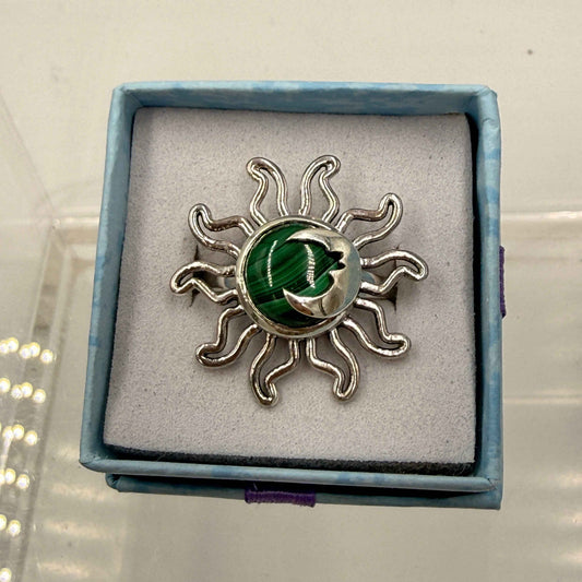 Sterling Silver Sun & Moon Malachite Ring - Size 9 -Transformative, Protective & Empowering