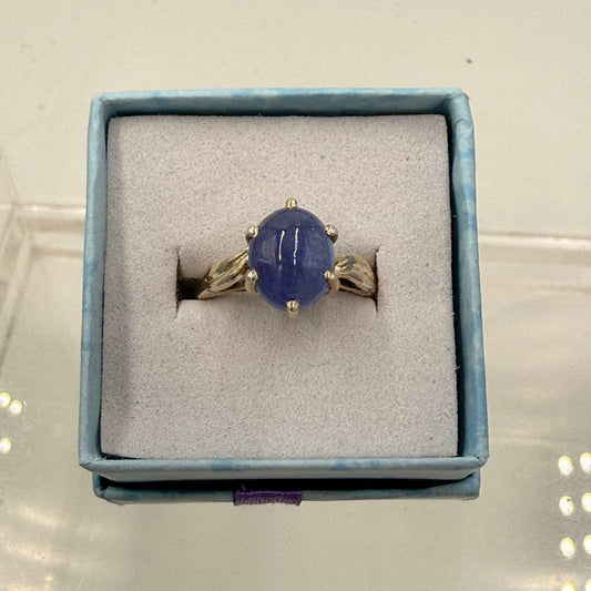 Sterling Silver Leaf Banded Oval Tanzanite Ring - Size 6 - Spiritual, Intuitive & Elevated