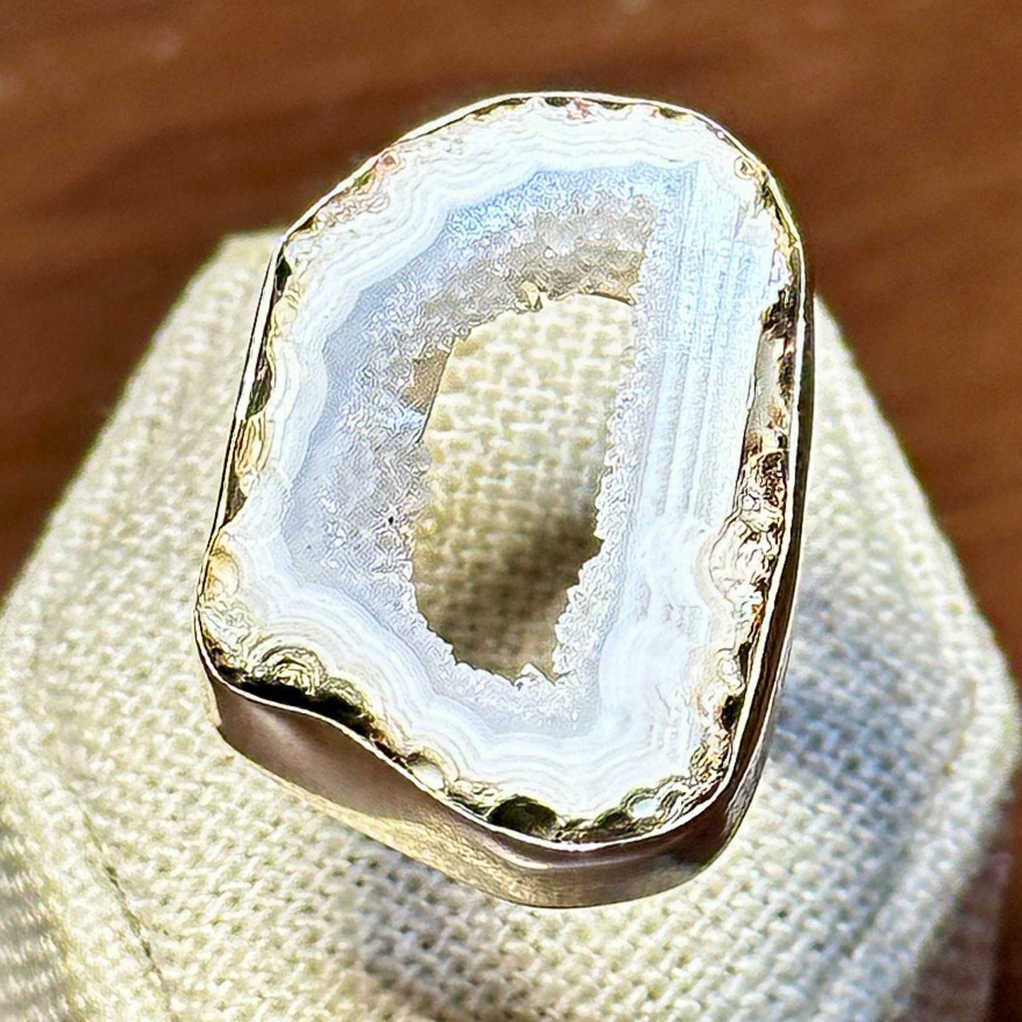 White Bands Agate Geode Slice Ring – Sterling Silver – Size 7