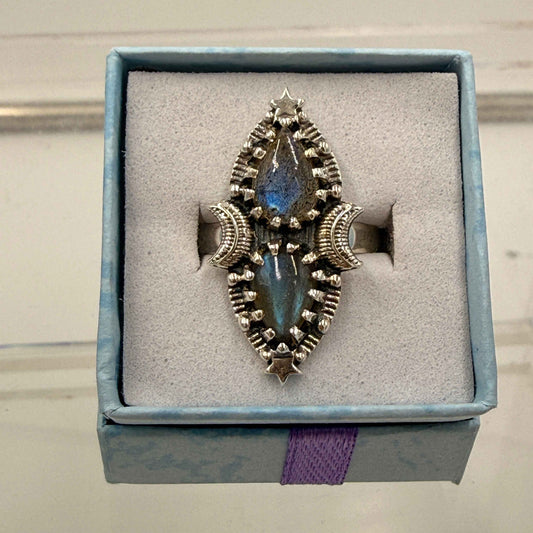 Sterling Silver Double Teardrop Celestial Labradorite Ring - Size 10 - Intuitive, Protective & Transformative