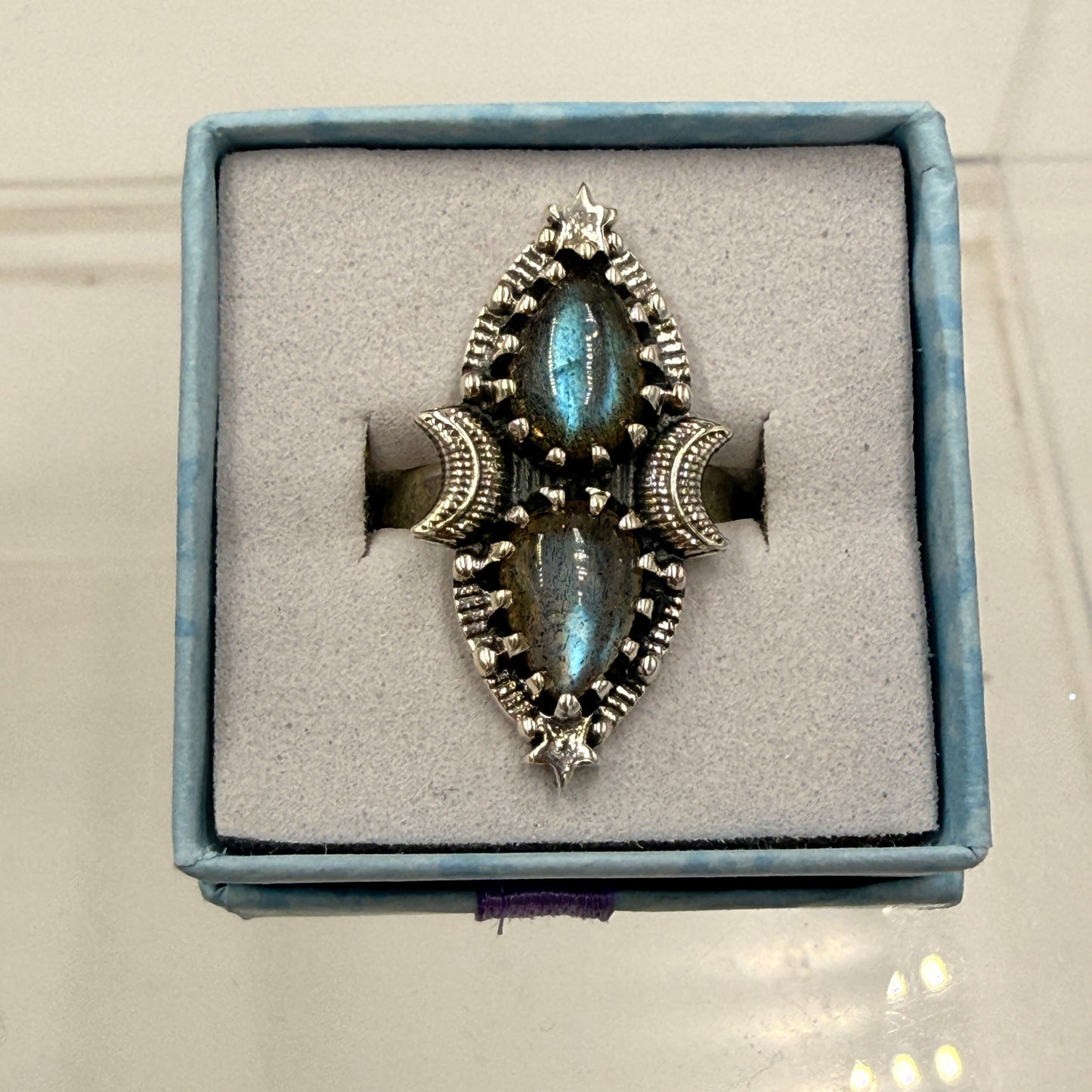 Sterling Silver Double Teardrop Celestial Labradorite Ring - Size 7 - Intuitive, Protective & Transformative