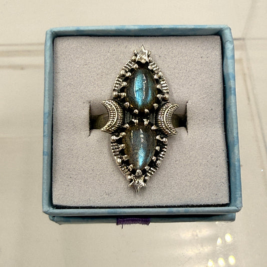 Sterling Silver Double Teardrop Celestial Labradorite Ring - Size 7 - Intuitive, Protective & Transformative