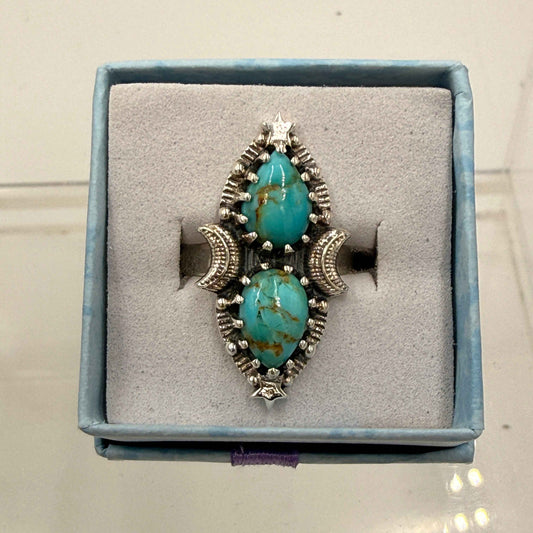 Sterling Silver Double Teardrop Celestial Turquoise Ring - Size 7 - Protective, Calming & Communicative