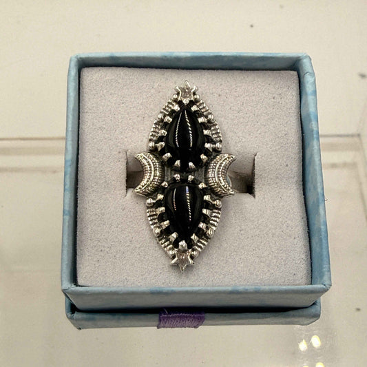 Sterling Silver Double Teardrop Celestial Black Onyx Ring - Size 9 - Protective, Grounding & Stabilizing