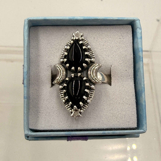 Sterling Silver Double Teardrop Celestial Black Onyx Ring - Size 9 - Protective, Grounding & Stabilizing