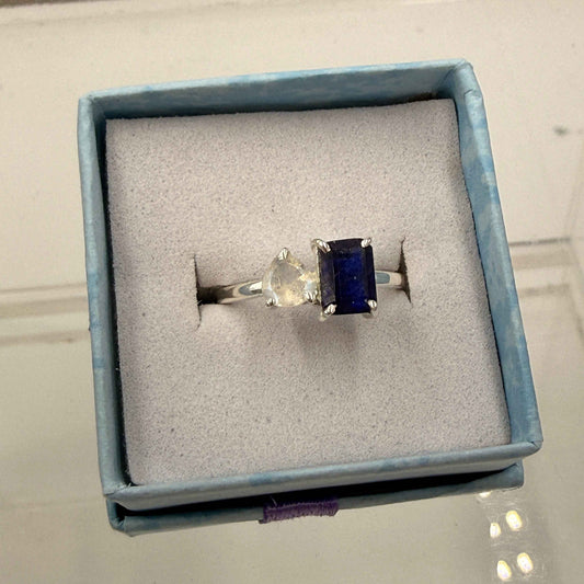 Sterling Silver Moonstone & Sapphire Ring - Size 6 - Intuitive, Calming & Protective