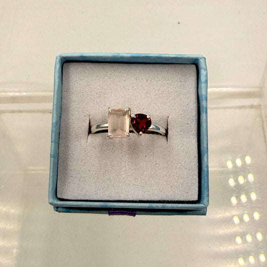 Sterling Silver Garnet & Rose Quartz  Ring - Size 7 - Loving, Passionate & Healing