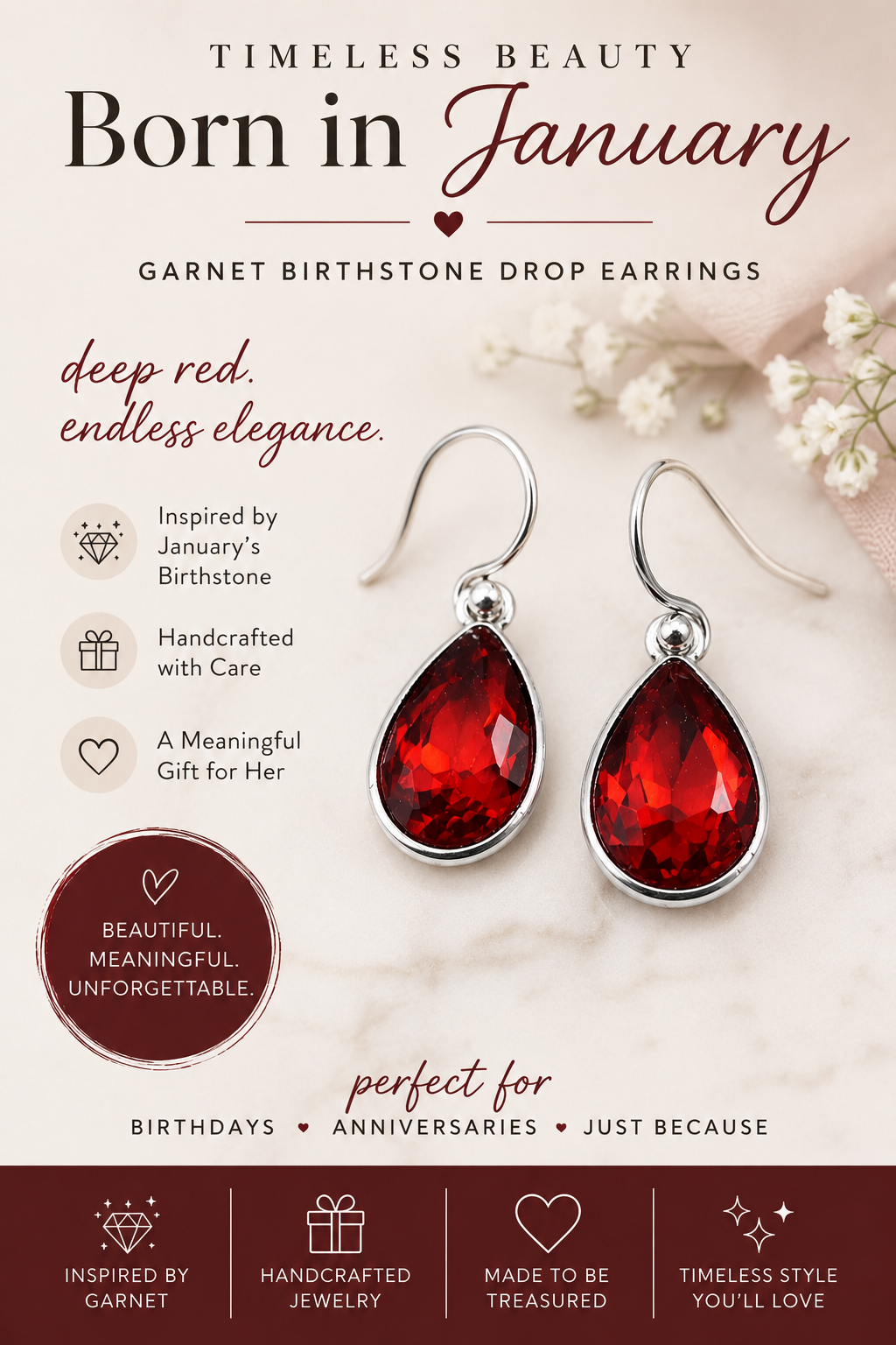 January Birthstone Earrings – Garnet Red Crystal Teardrop Earrings in Sterling Silver