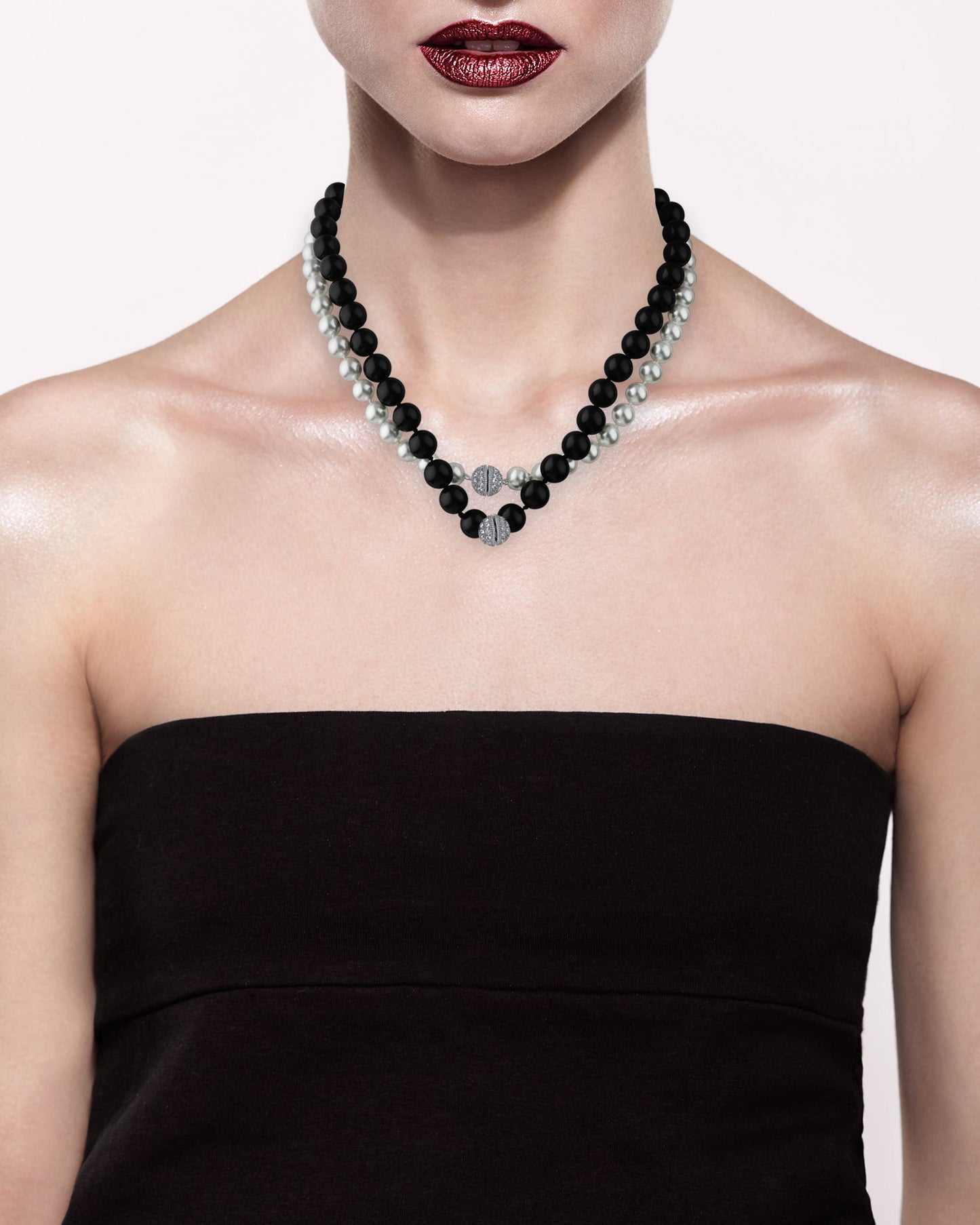 Double Pave Clasp Pearl Necklace