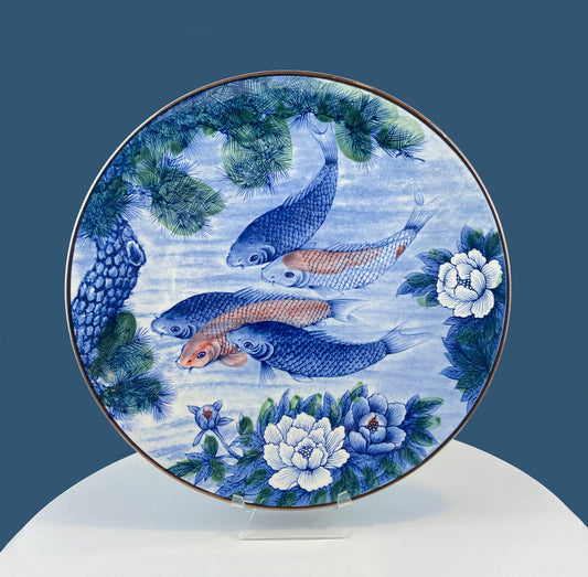 Handpainted Koi Fish Platter: Japanese Collectible Art Plate, 16"