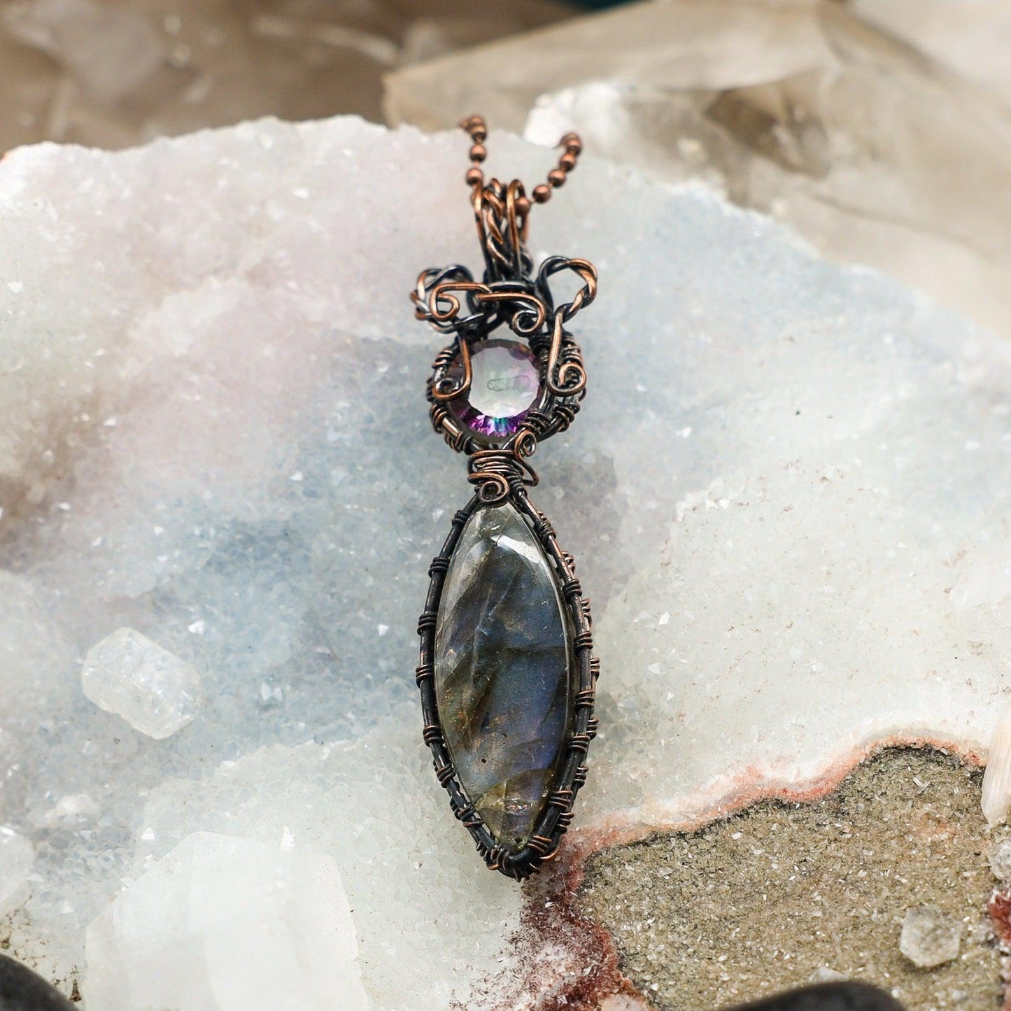 Labradorite Amethyst Wire Wrap Pendant