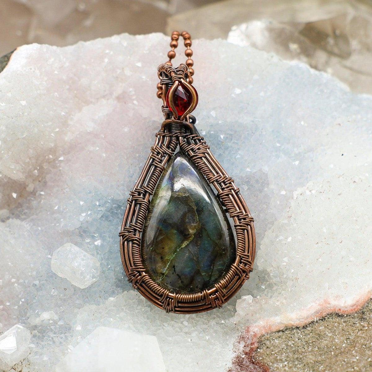 Labradorite Crystal Teardrop Copper Wire Wrap Pendant