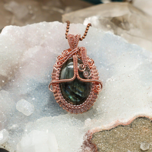 Labradorite Oval Wire Wrap Pendant 2.25 Inch