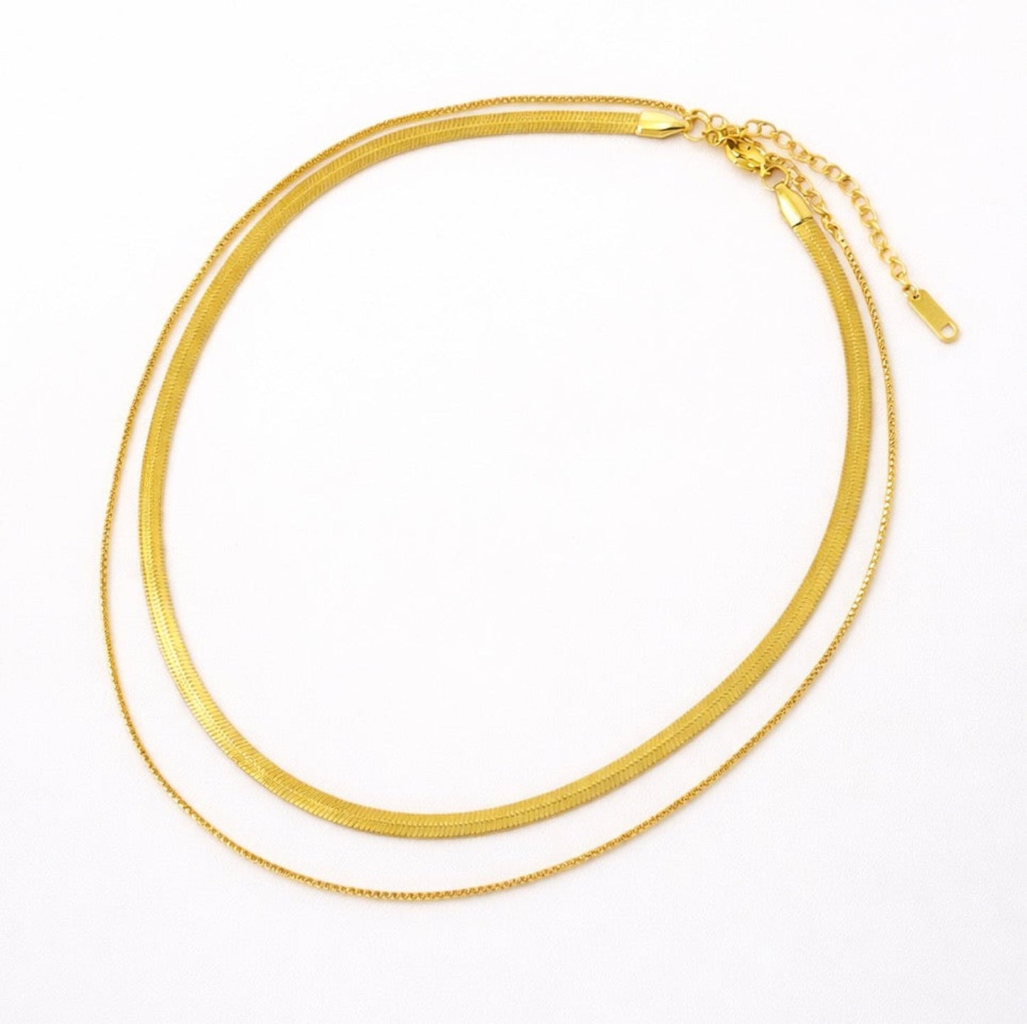 Layered Herringbone Chain Necklace, Waterproof Gold