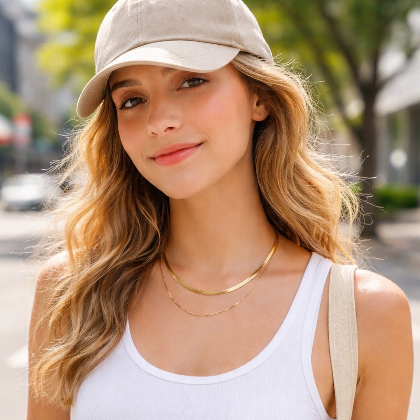 Layered Herringbone Chain Necklace, Waterproof Gold