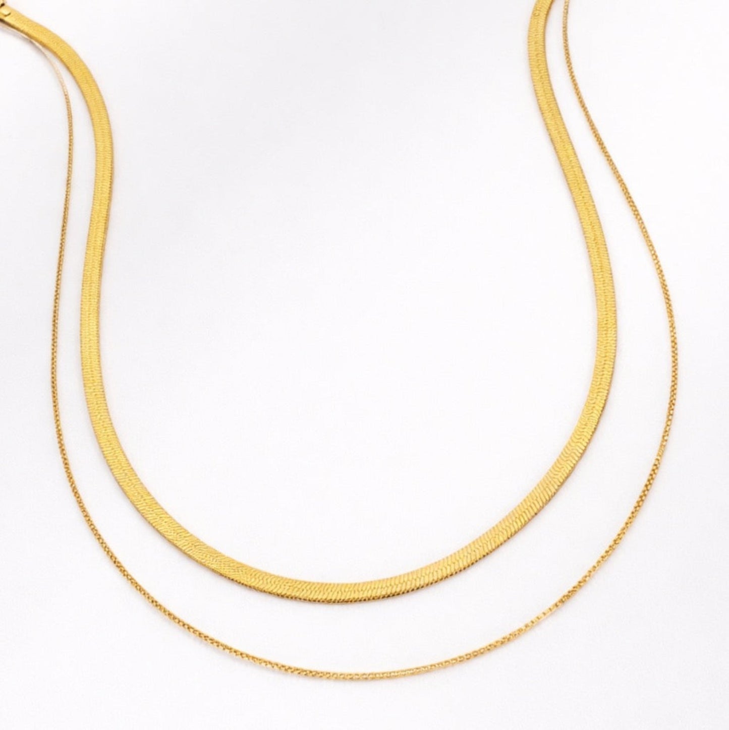 Layered Herringbone Chain Necklace, Waterproof Gold