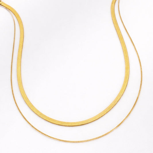 Layered Herringbone Chain Necklace, Waterproof Gold