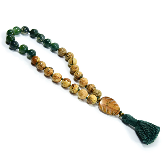 Pine Tree Meditation Mala – 27 Beads of Picture Jasper & Moss Agate