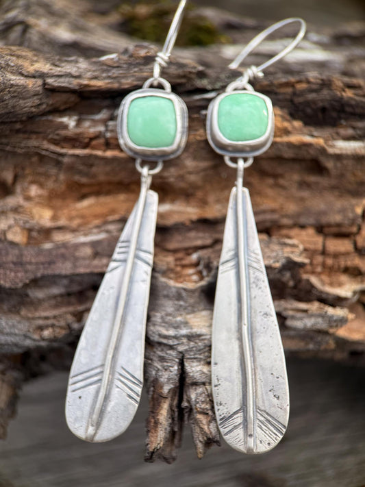 Australian Variscite Feather Earrings | Sterling Silver Dangle Earrings | Handmade in Durango Colorado