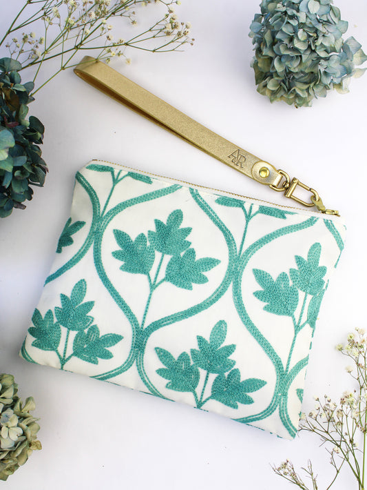 Mayfair Aqua Botanical Embroidered Wristlet Purse