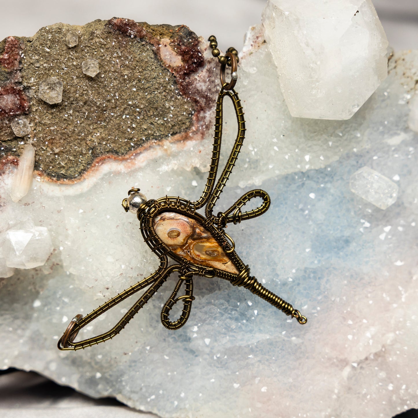 Mexican Agate "Dragonfly" Wire Wrap Crystal Pendant