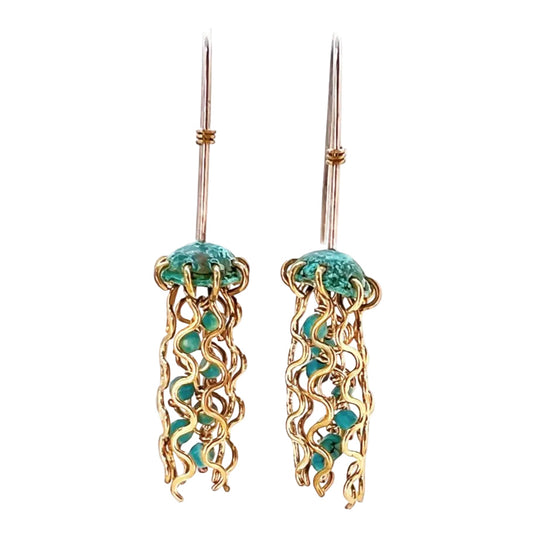 Mini Green Jellyfish Earrings with Turquoise Beads and Hypoallergenic Niobium Earwires