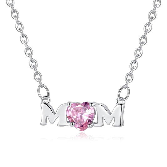 Mom Necklace with Pink Cubic Zirconia