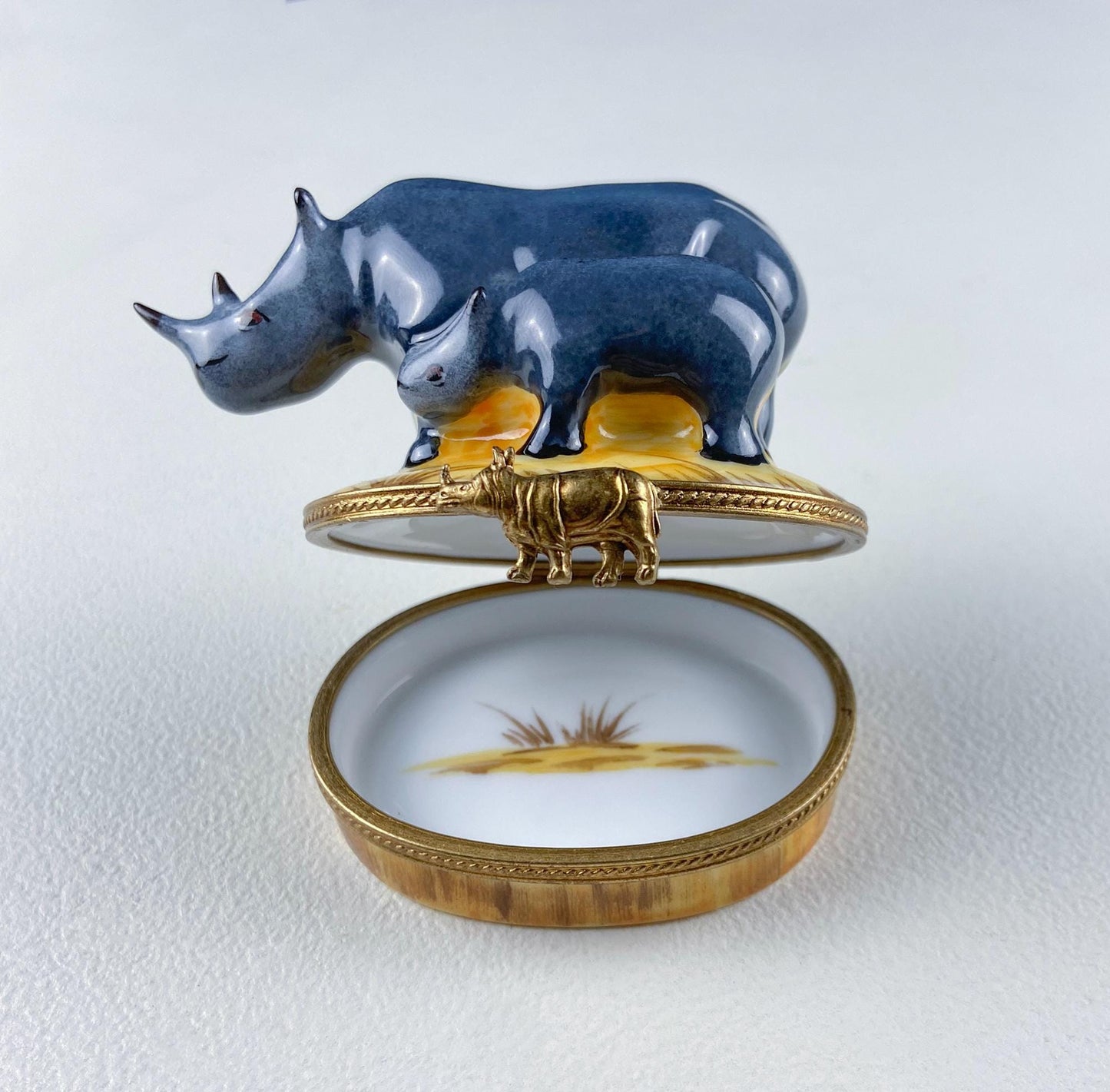 Mom and Baby Rhinos Vintage Retired Limoges Miniature Box. Collectible Porcelain & Brass Trinket Ring Pill Box. African Safari Design.