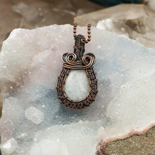 Moonstone Copper Wire Wrapped Teardrop Pendant Necklace