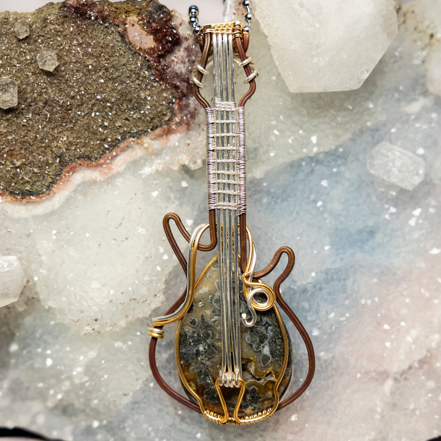 Moss Agate "Guitar" Wire Wrap Crystal Pendant
