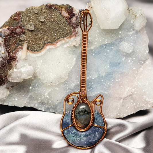 Moss Agate Labradorite Crystal Bass Guitar Wire Wrap Pendant