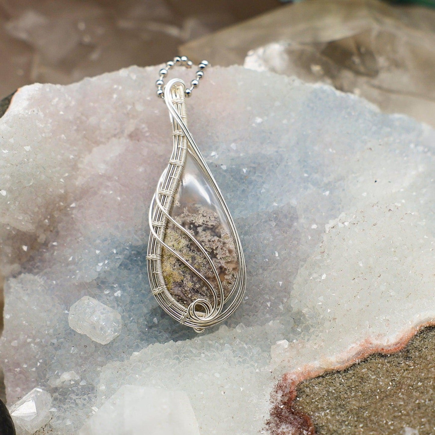 Moss Agate Wire Wrap Crystal Pendant