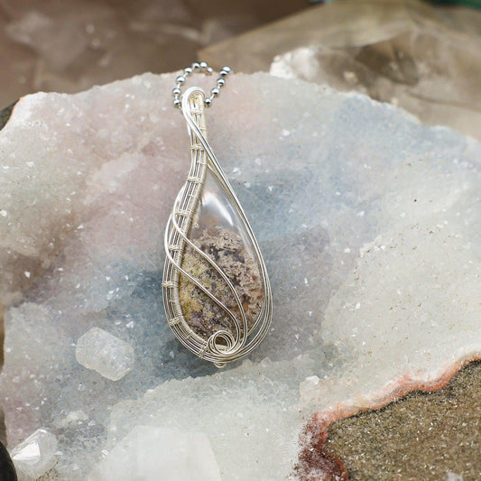 Moss Agate Wire Wrap Crystal Pendant