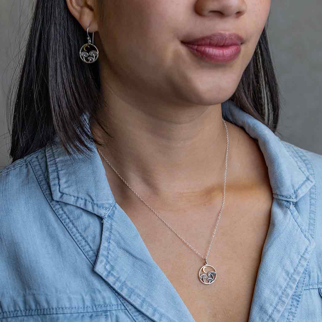 Sterling Silver Mushroom & Bronze Moon Necklace – Woodland Witchy Jewelry