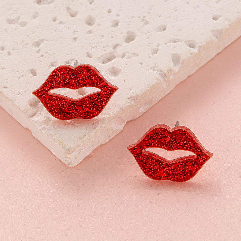 Acrylic Glitter Valentine's Day Love Red Lip Fashion Fresh Stud Earrings