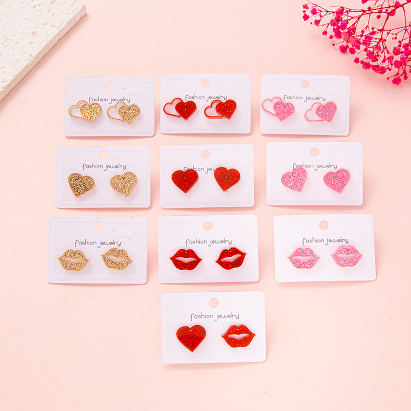 Acrylic Glitter Valentine's Day Love Red Lip Fashion Fresh Stud Earrings